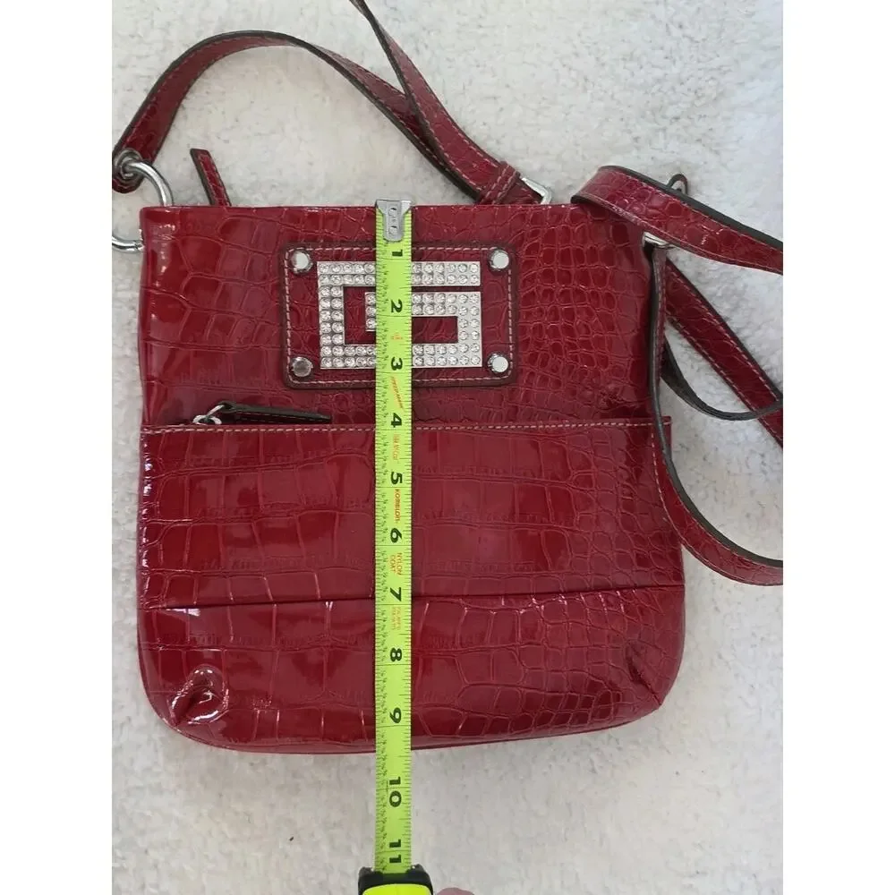 GUESS Chastity Croc Embossed Rhinestone Logo Crossbody Messenger Bag Purse Red